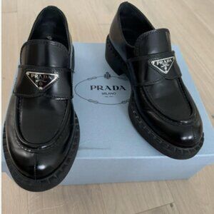 PRADA Chocolate Brushed Leather Loafer Black Size 38